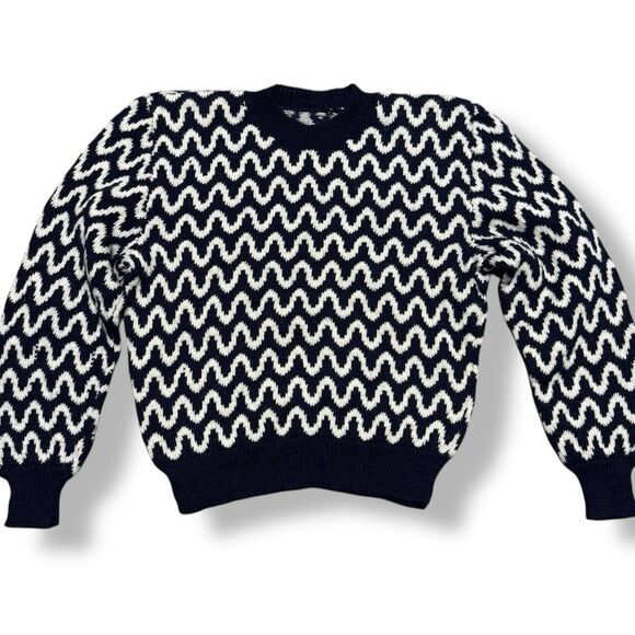 Vintage Women’s Wool Sweater S Blue Crop Zig Zag Geometric Puff Sleeve Artsy - Picture 3 of 9